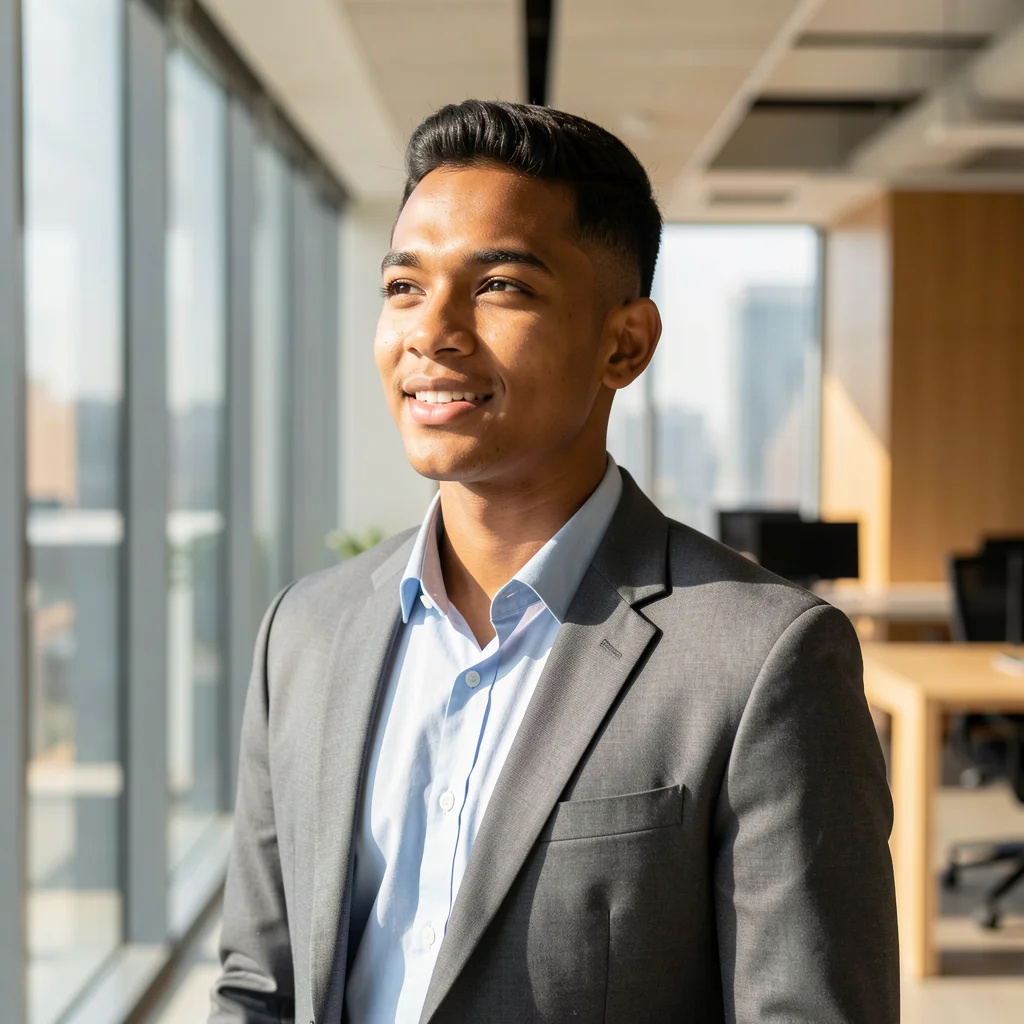 Empreendedor confiante em um escritório moderno e iluminado, representando gestão empresarial eficiente.