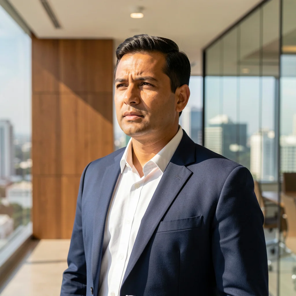 Empreendedor brasileiro de sucesso em um escritório moderno com vista para a cidade de São Paulo.