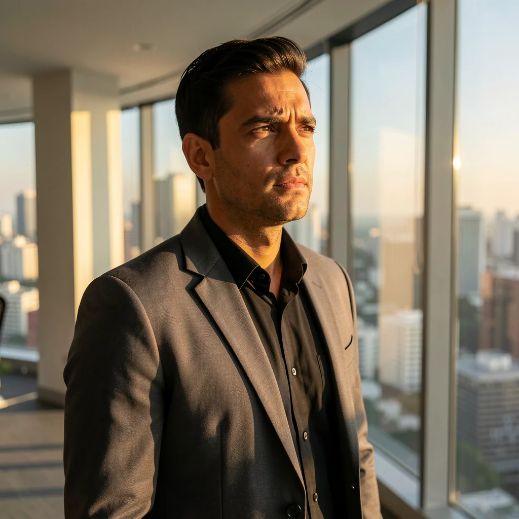Empreendedor brasileiro confiante em um escritório moderno com vista para a cidade.