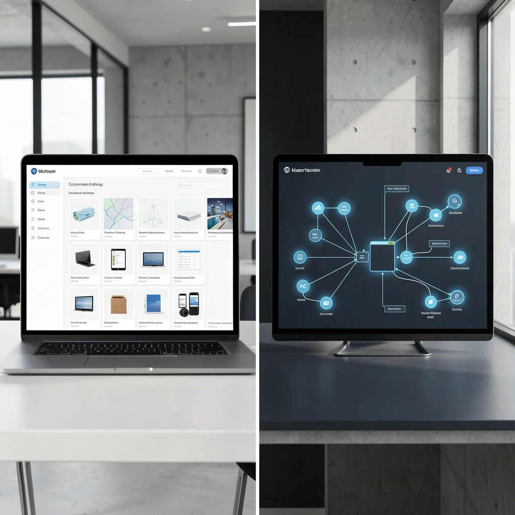 Comparação visual entre plataforma pronta e desenvolvimento sob medida, mostrando uma interface de e-commerce modular e um diagrama de fluxo de dados personalizado.
