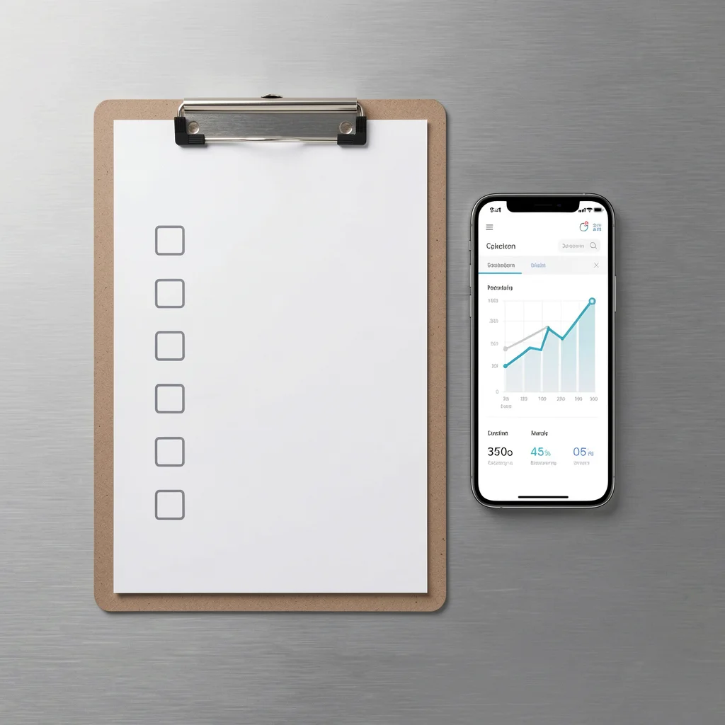 Checklist visual em uma prancheta ao lado de um smartphone com gráficos abstratos, representando a avaliação de uma empresa de desenvolvimento.