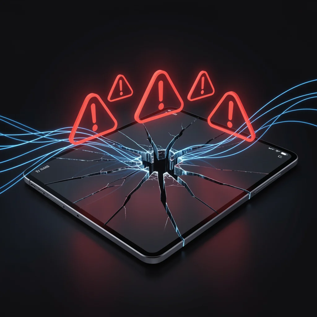 Metáfora visual de cinco erros comuns representados por ícones vermelhos sobre uma interface digital rachada, com um fluxo de dados azul reparando as falhas.
