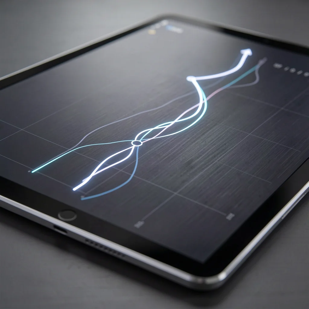 Close-up de um tablet de luxo exibindo gráficos abstratos de linhas de crédito e ciclos financeiros.