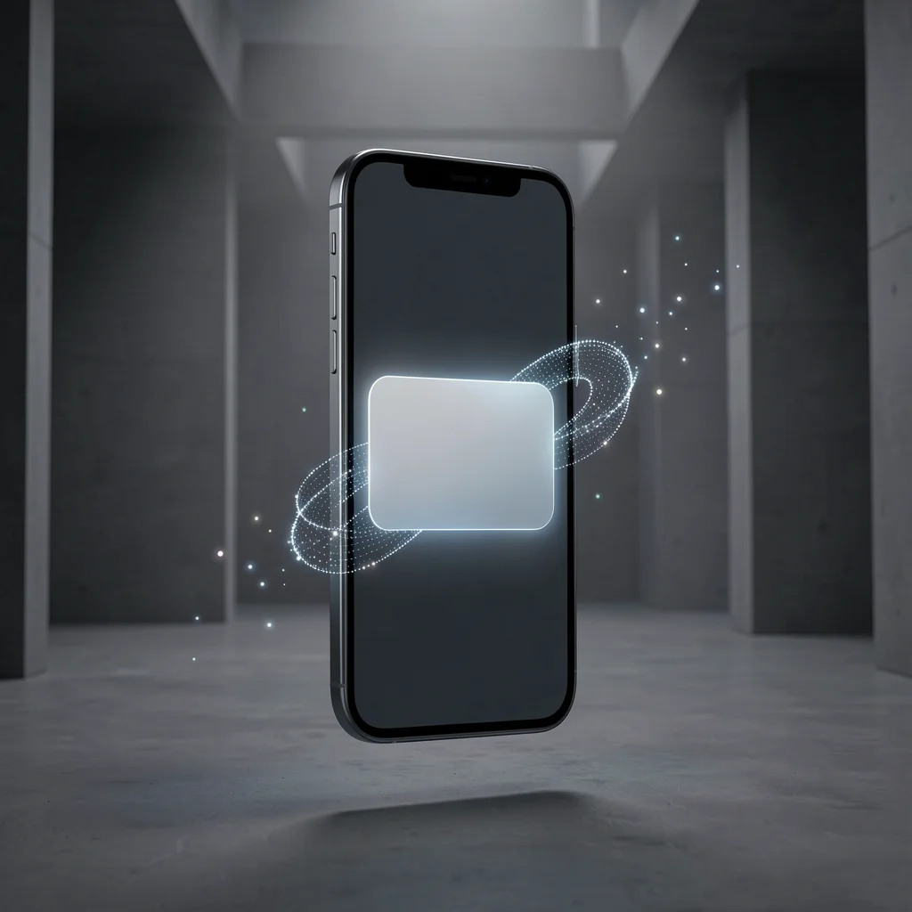 Smartphone premium flutuando em um ambiente minimalista exibindo uma interface de notificação elegante e abstrata.