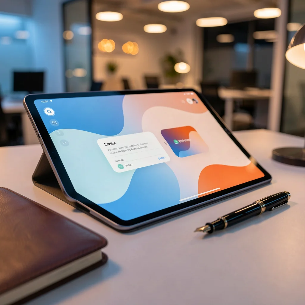 Tablet em uma mesa de escritório moderna com iluminação suave, representando organização e tecnologia.