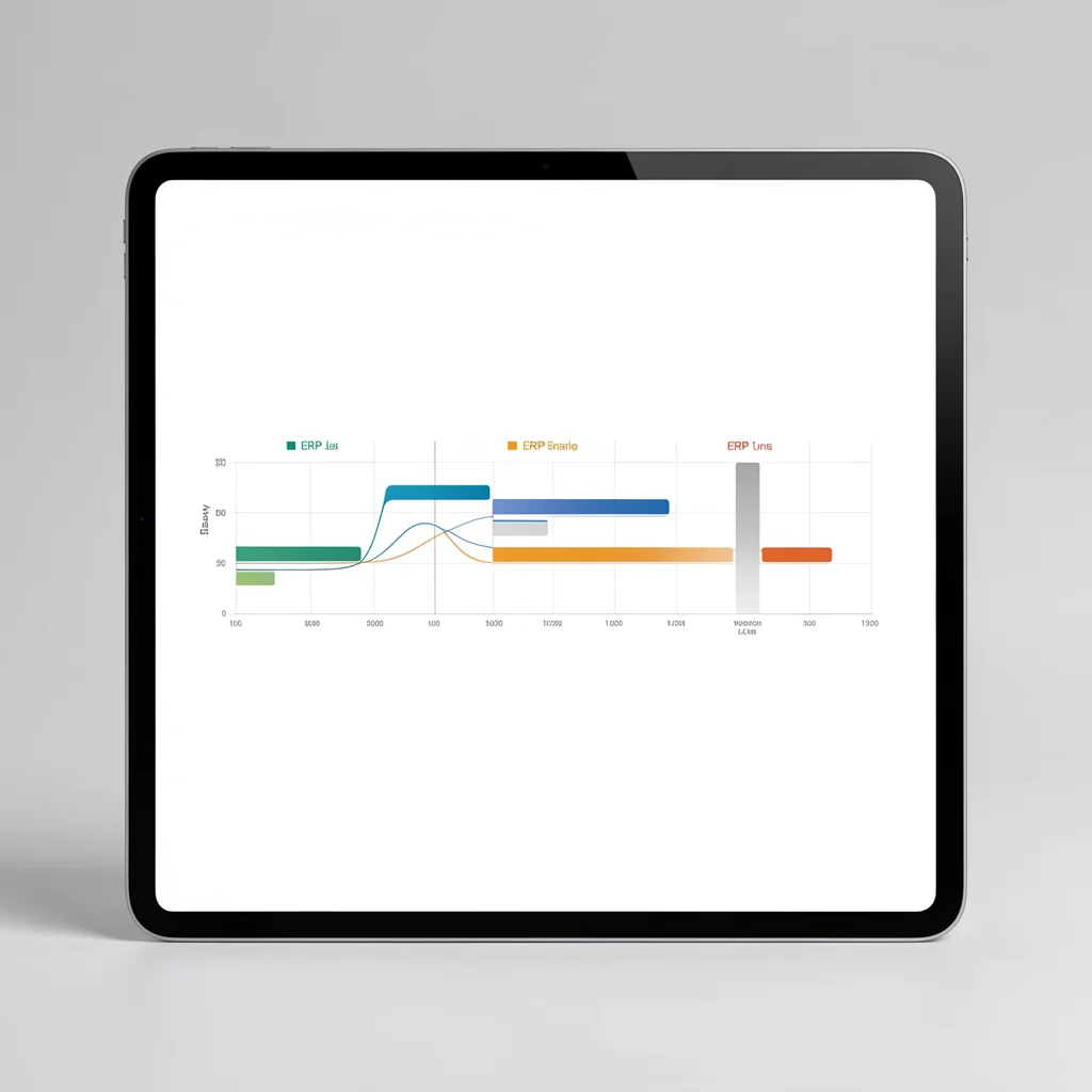 Tablet exibindo gráfico comparativo abstrato de cinco sistemas ERP, com barras coloridas e linhas sutis, em estilo corporativo elegante.