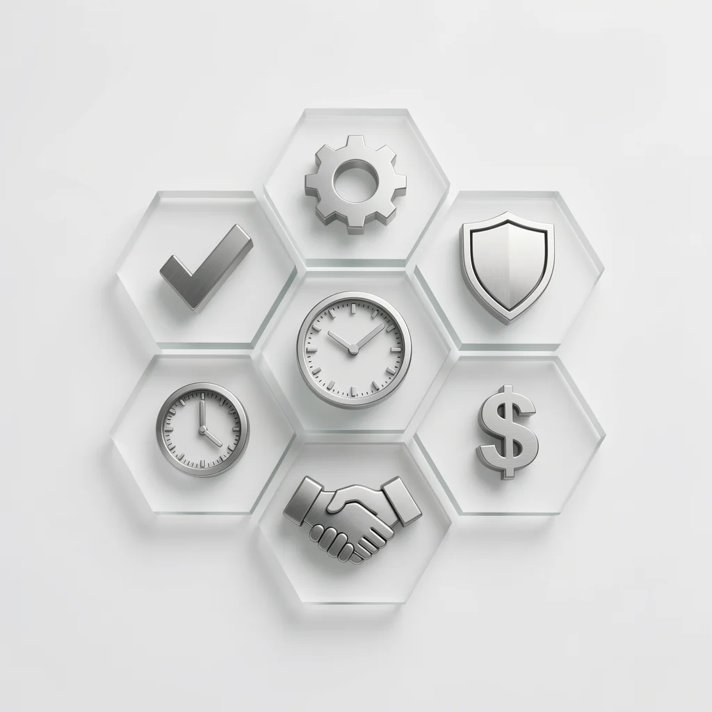 Seis ícones abstratos de vidro e metal flutuando em padrão hexagonal, representando critérios de escolha de ERP.