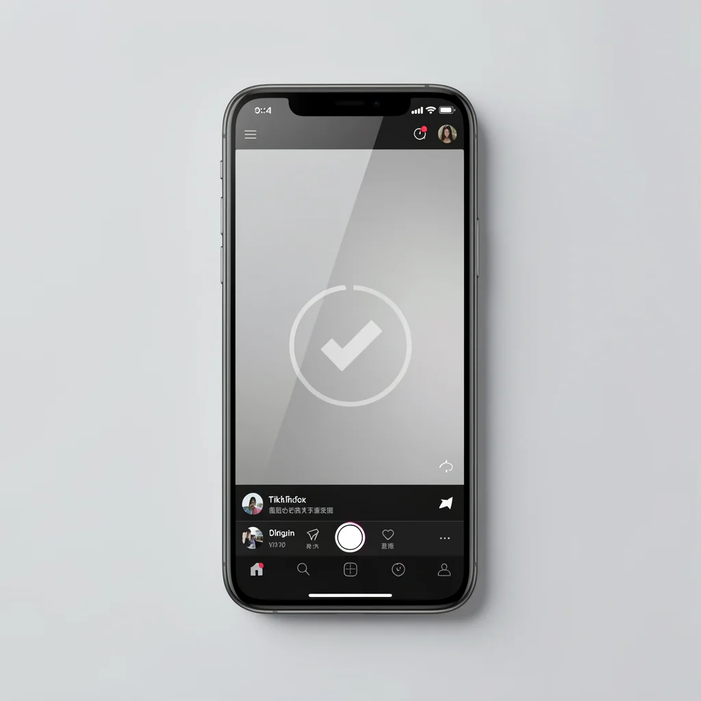 Smartphone exibindo interface de edição de vídeo do TikTok com ícone de verificação, indicando aprovação de originalidade.