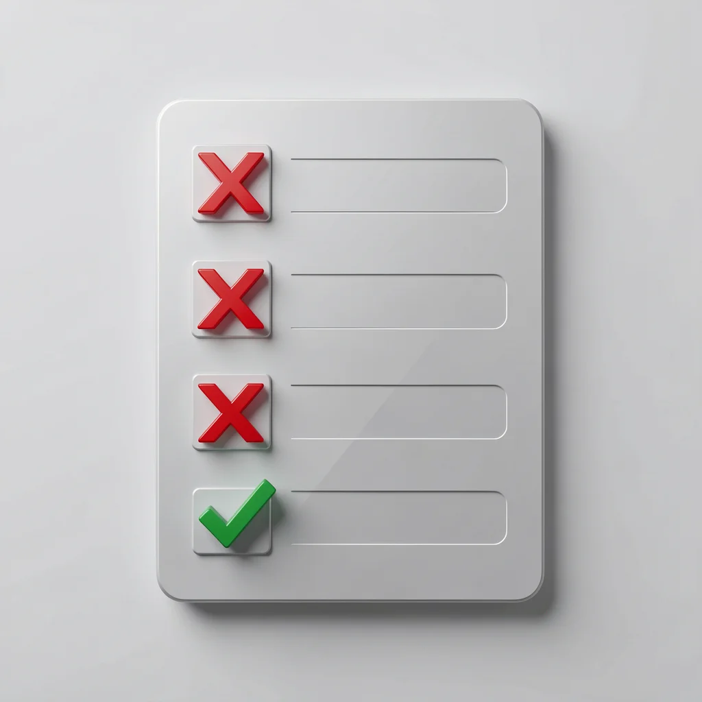 Checklist abstrato com cinco itens, quatro marcados com X vermelho e um com visto verde, representando erros comuns no TikTok.