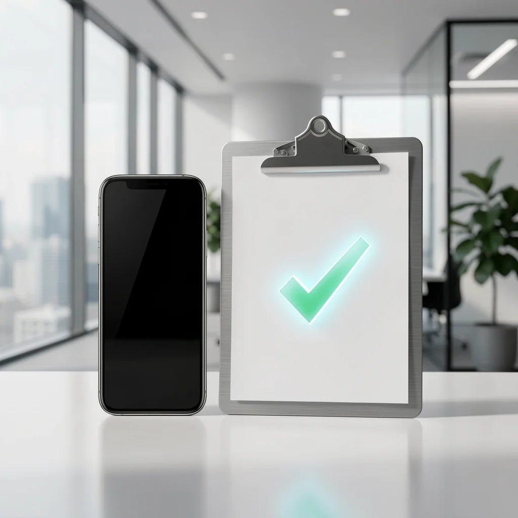 Smartphone e prancheta minimalista com visto brilhante, simbolizando checklist de prevenção contra desqualificação no TikTok.