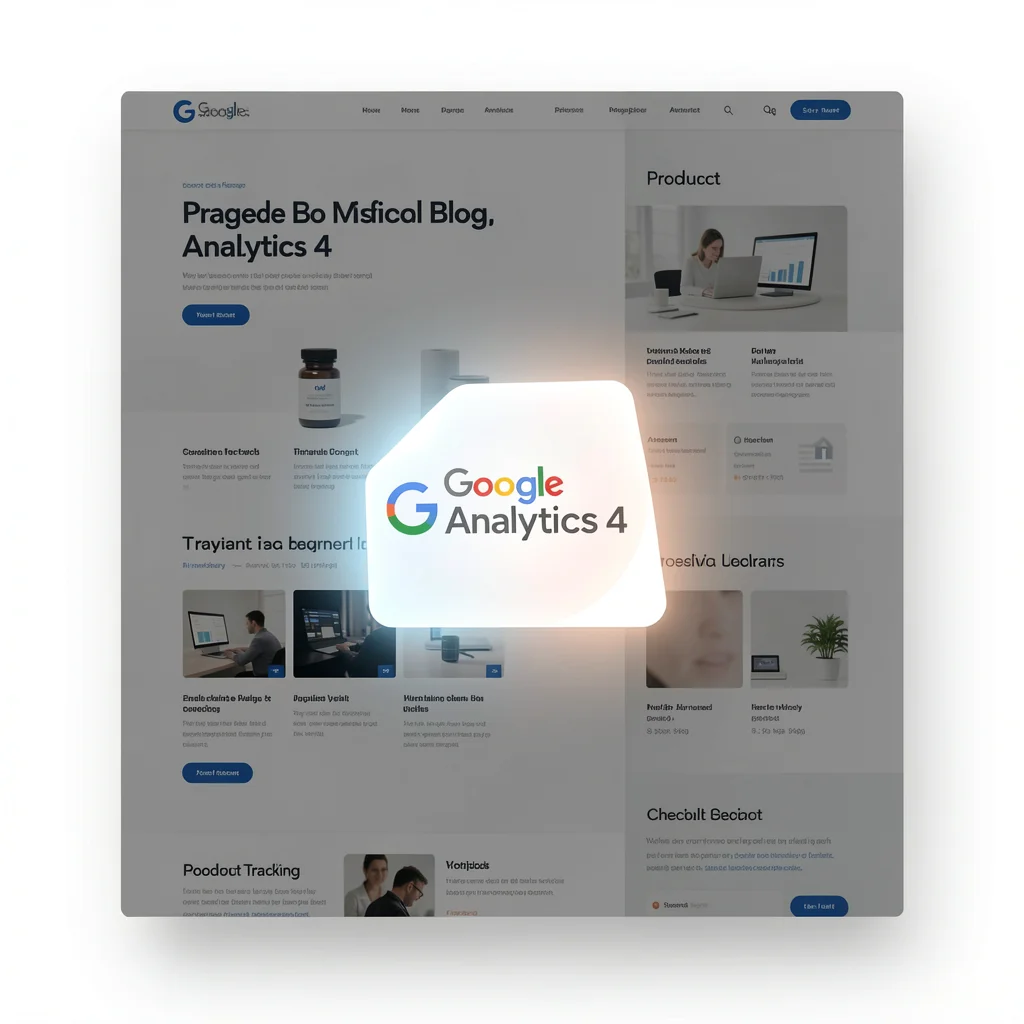 Mockup de site com destaque para a homepage com tag do GA4 e outras páginas apagadas, representando erro de rastreamento ausente.