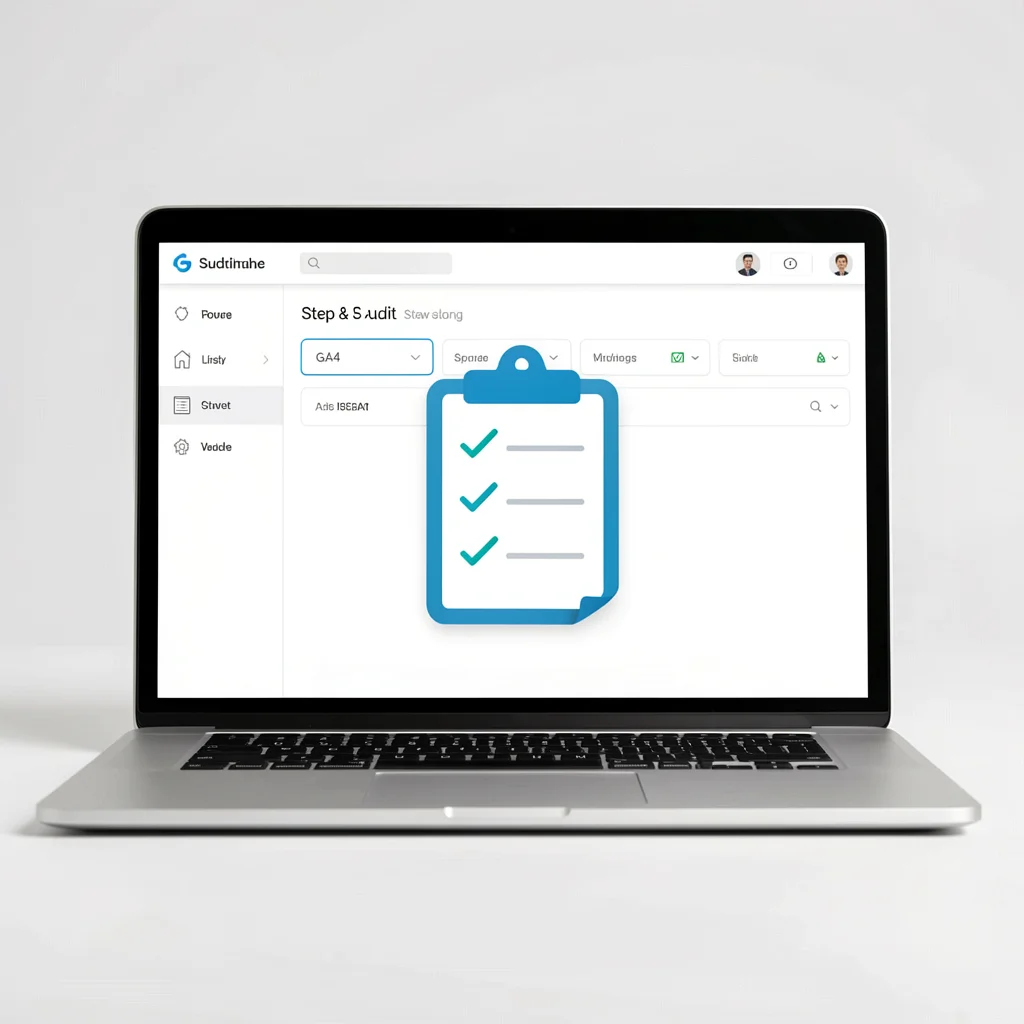 Notebook com dashboard do Google Analytics 4 e checklist de auditoria, simbolizando plano de ação para corrigir erros de rastreamento.