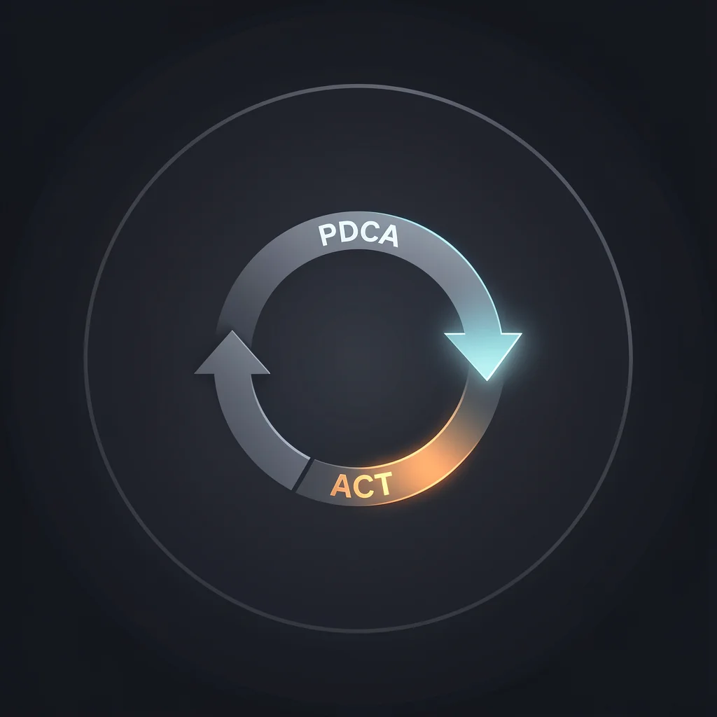 Diagrama circular do ciclo PDCA em uma tela de dispositivo, destacando a etapa Act como início de um novo ciclo