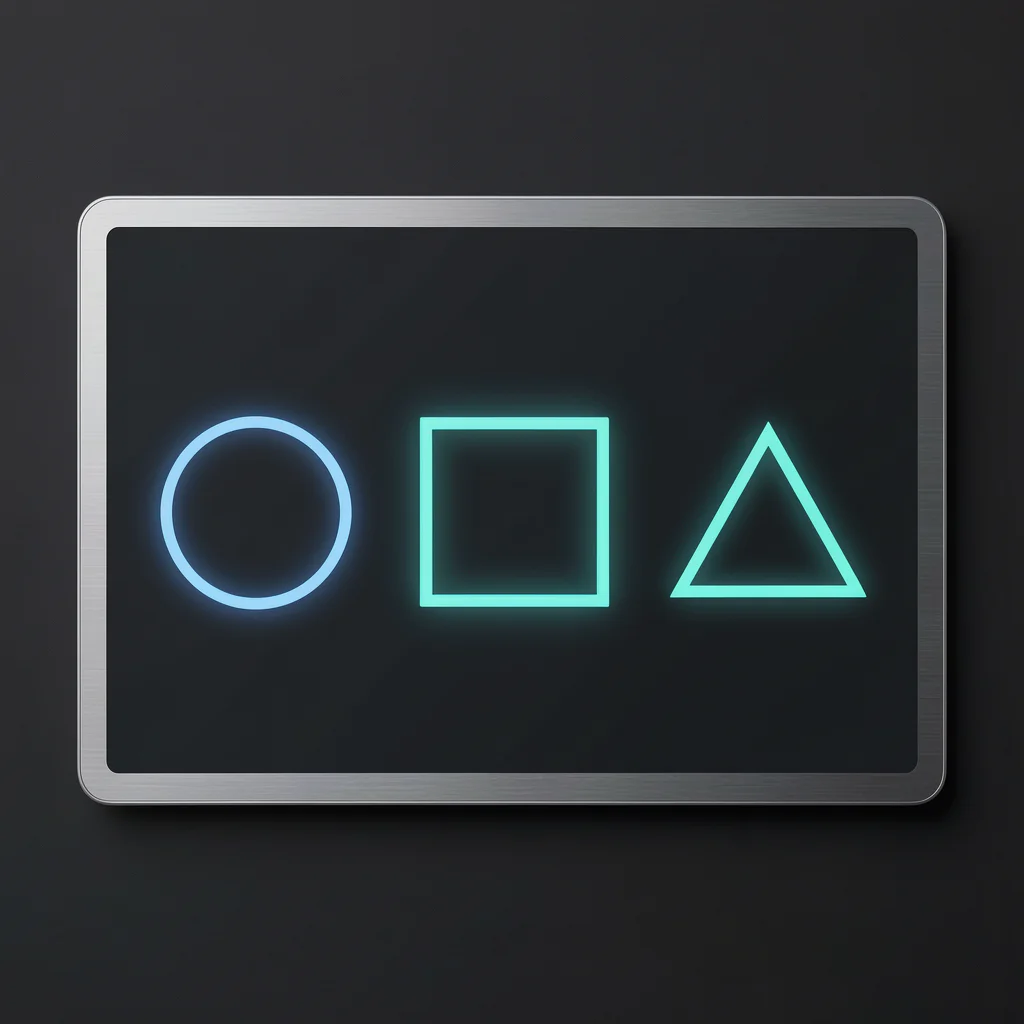 Mockup de dashboard minimalista em modo escuro com três grupos segmentados representados por formas geométricas brilhantes.