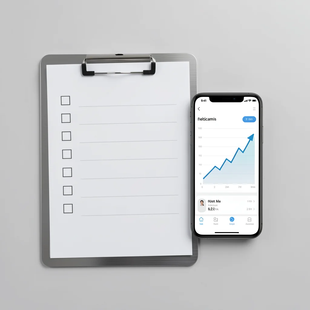 Prancheta com checklist e smartphone exibindo gráfico de crescimento, simbolizando plano de ação de auditoria de conteúdo