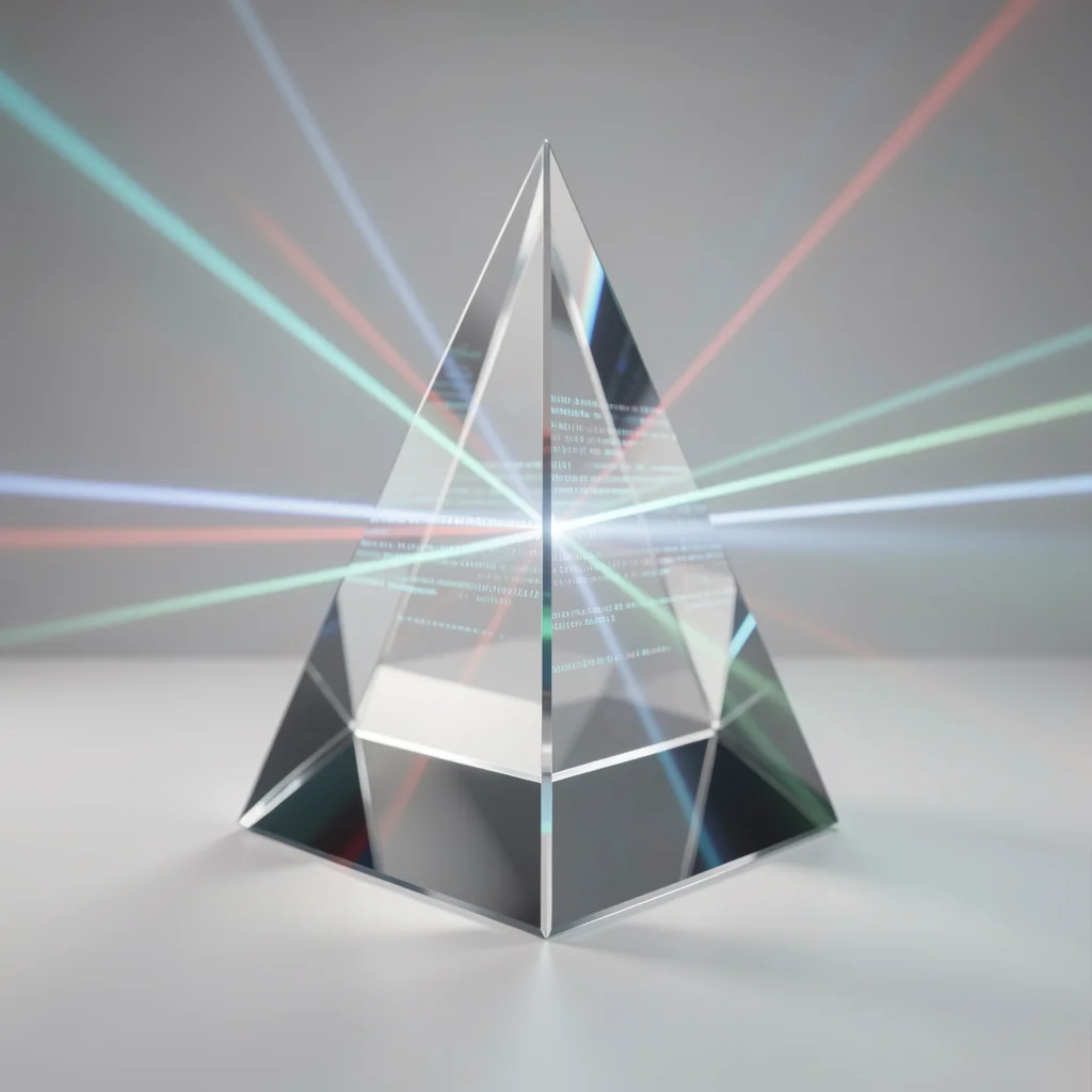 Prisma de vidro refratando luz com fluxo de dados digitais, simbolizando a avaliação de profundidade de conteúdo pelo Google MUM