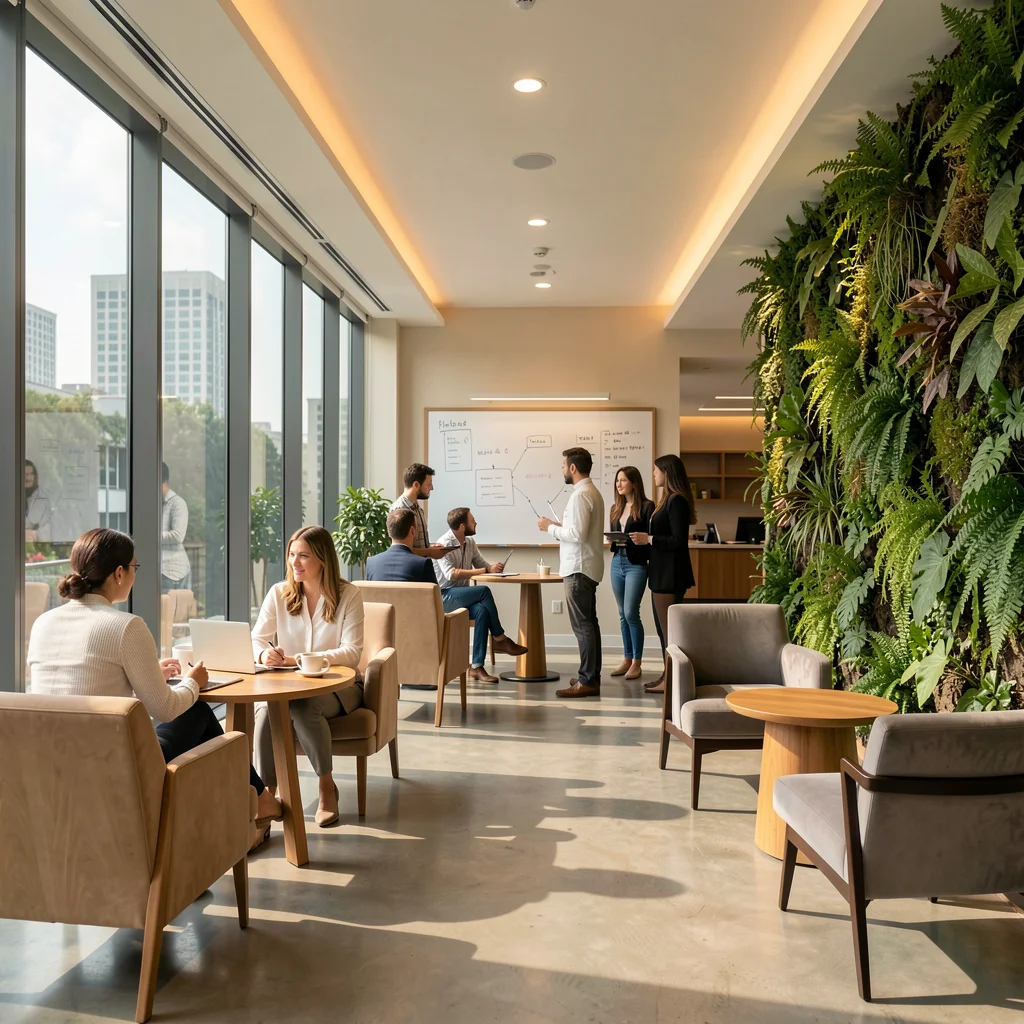 Ambiente corporativo moderno com design instagramável, plantas e iluminação natural.