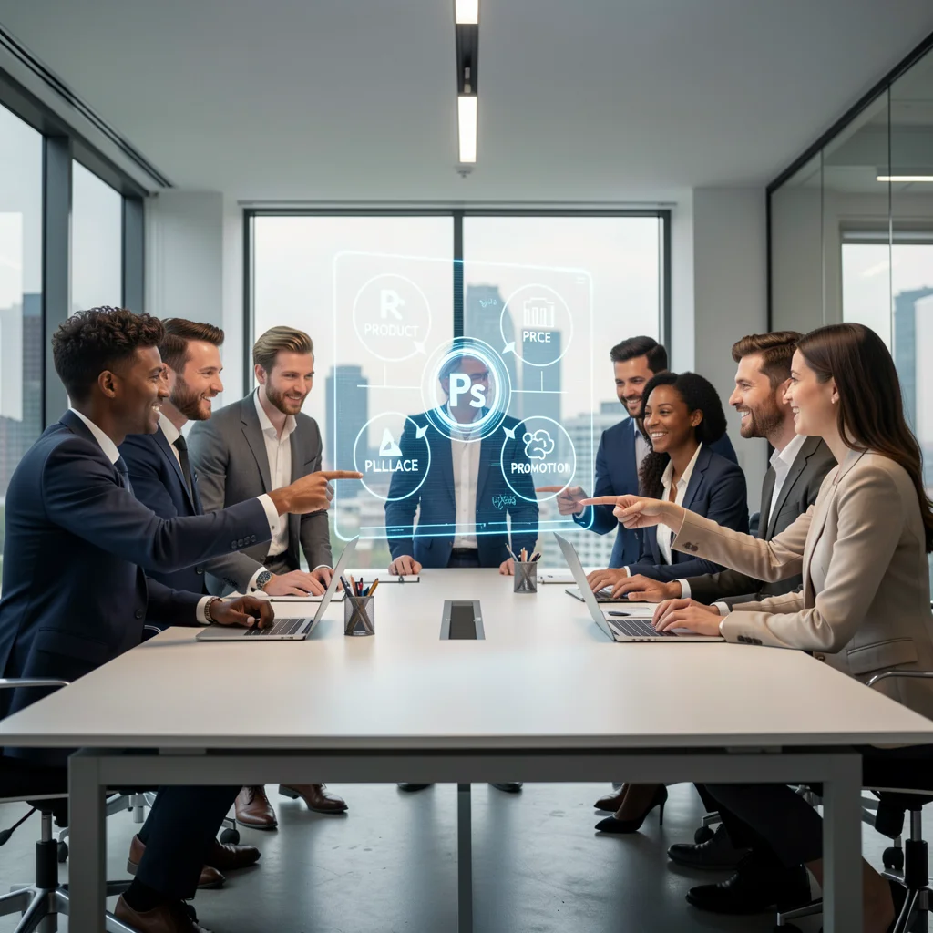 Equipe analisando os 4 Ps em uma projeção holográfica.