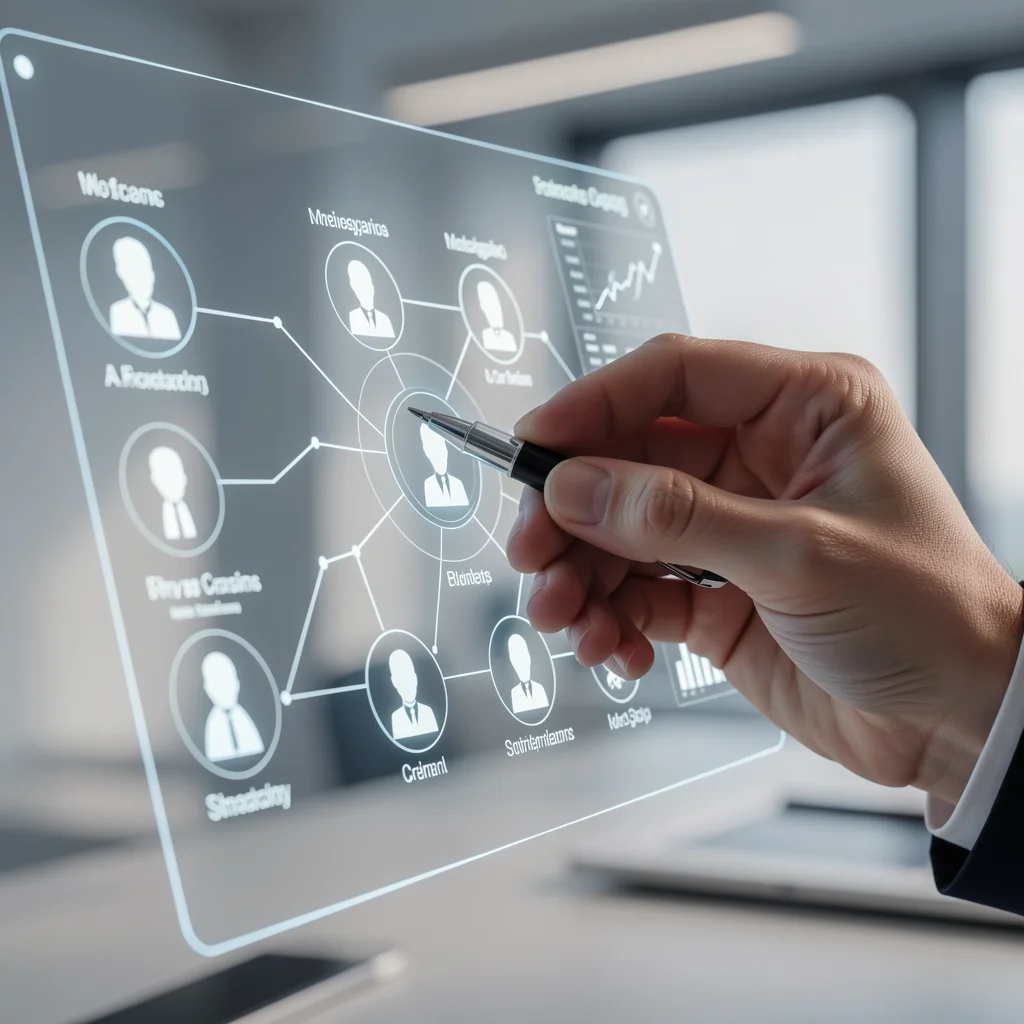 Mão organizando dados de clientes em interface digital.
