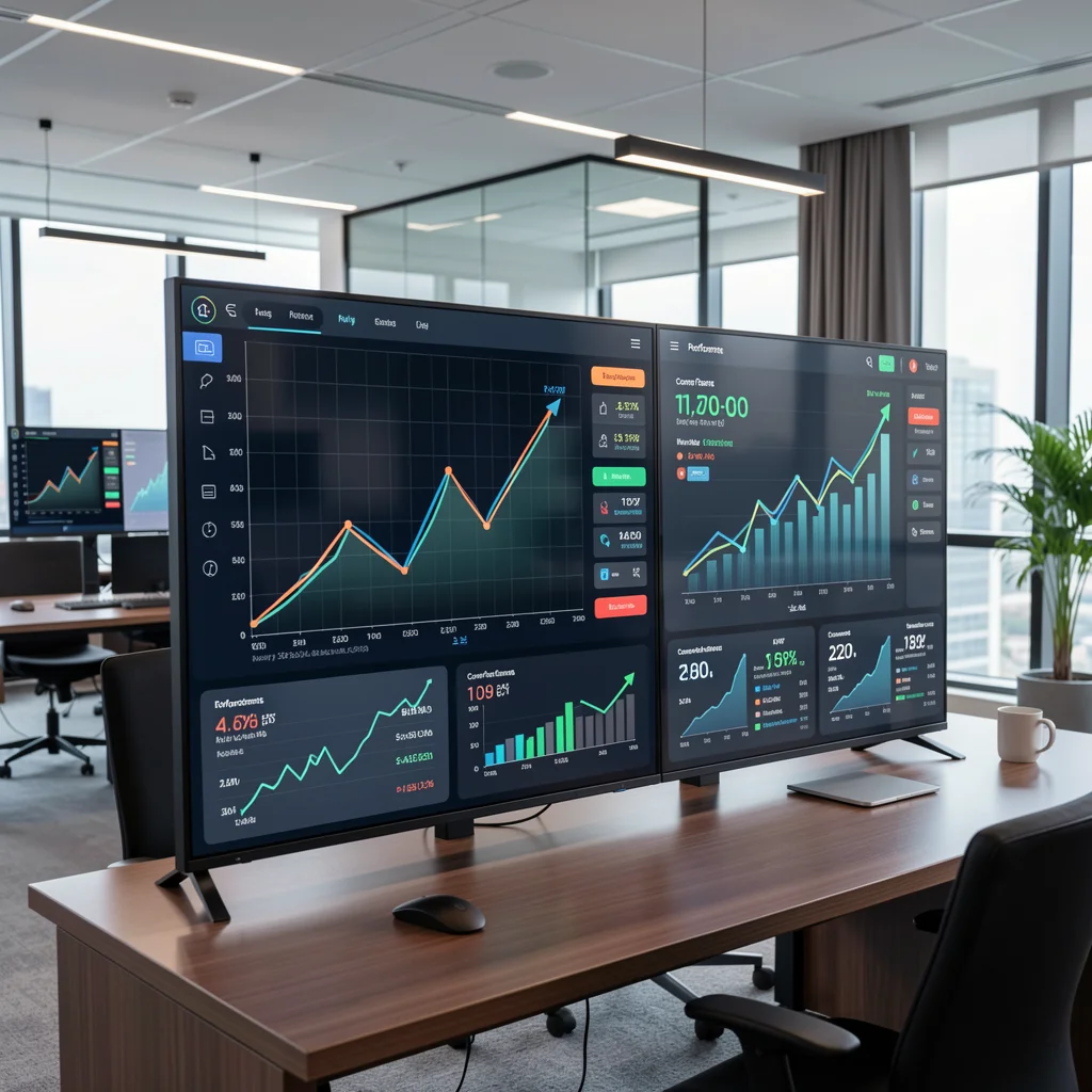 Dashboard com gráficos de crescimento e KPIs em telas de alta resolução.