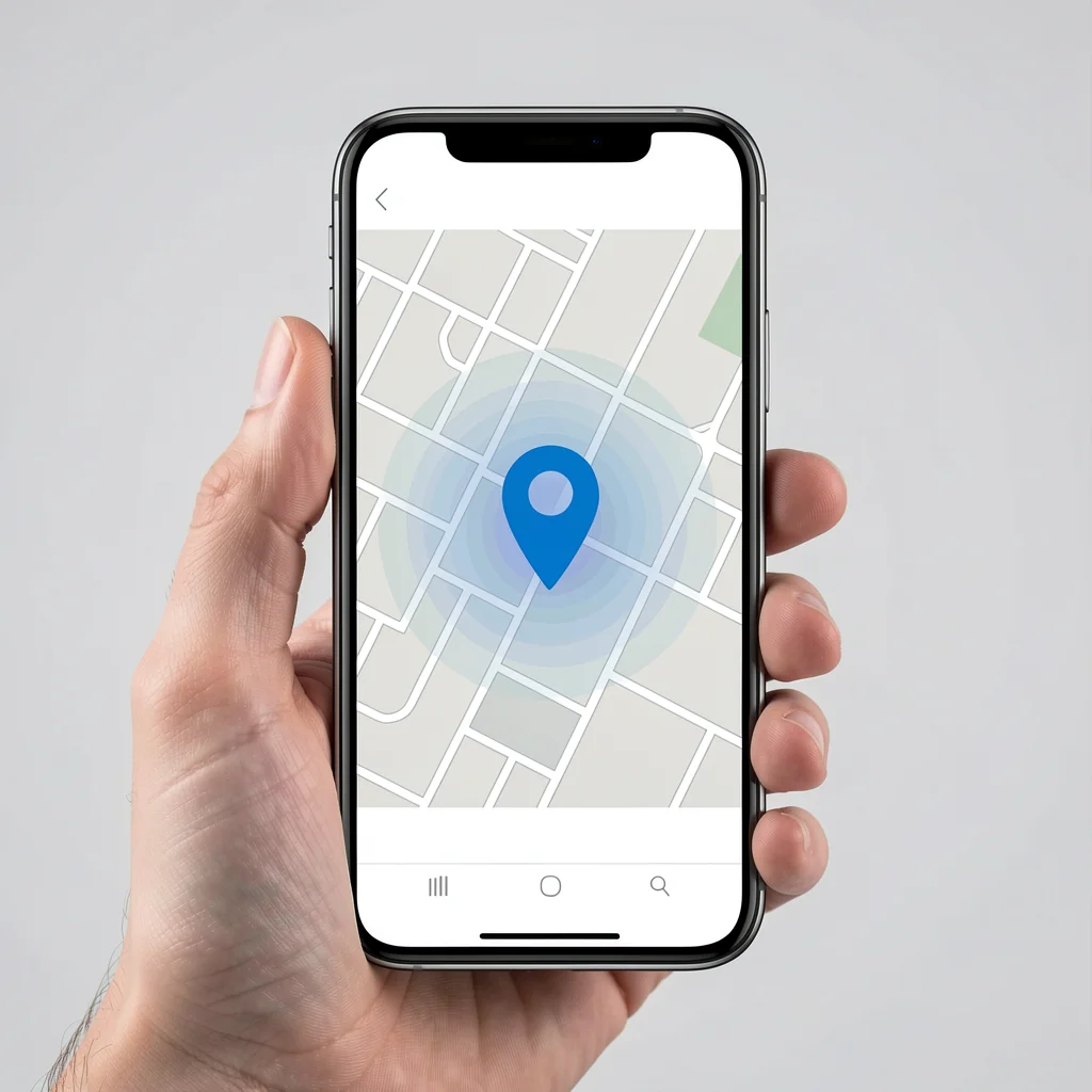 Smartphone com mapa e pin de localização mostrando segmentação geográfica para anúncios locais