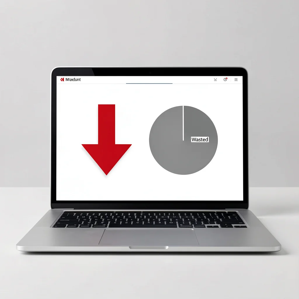 Dashboard de anúncios com gráfico de pizza e seta vermelha indicando desperdício de orçamento