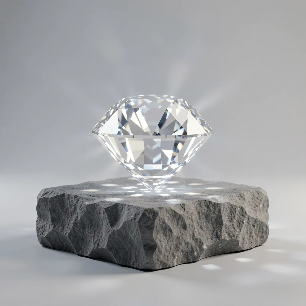 Metáfora visual de transformação: bloco de pedra bruta sendo lapidado em um diamante brilhante, representando a venda de serviços high ticket como transformação do cliente.