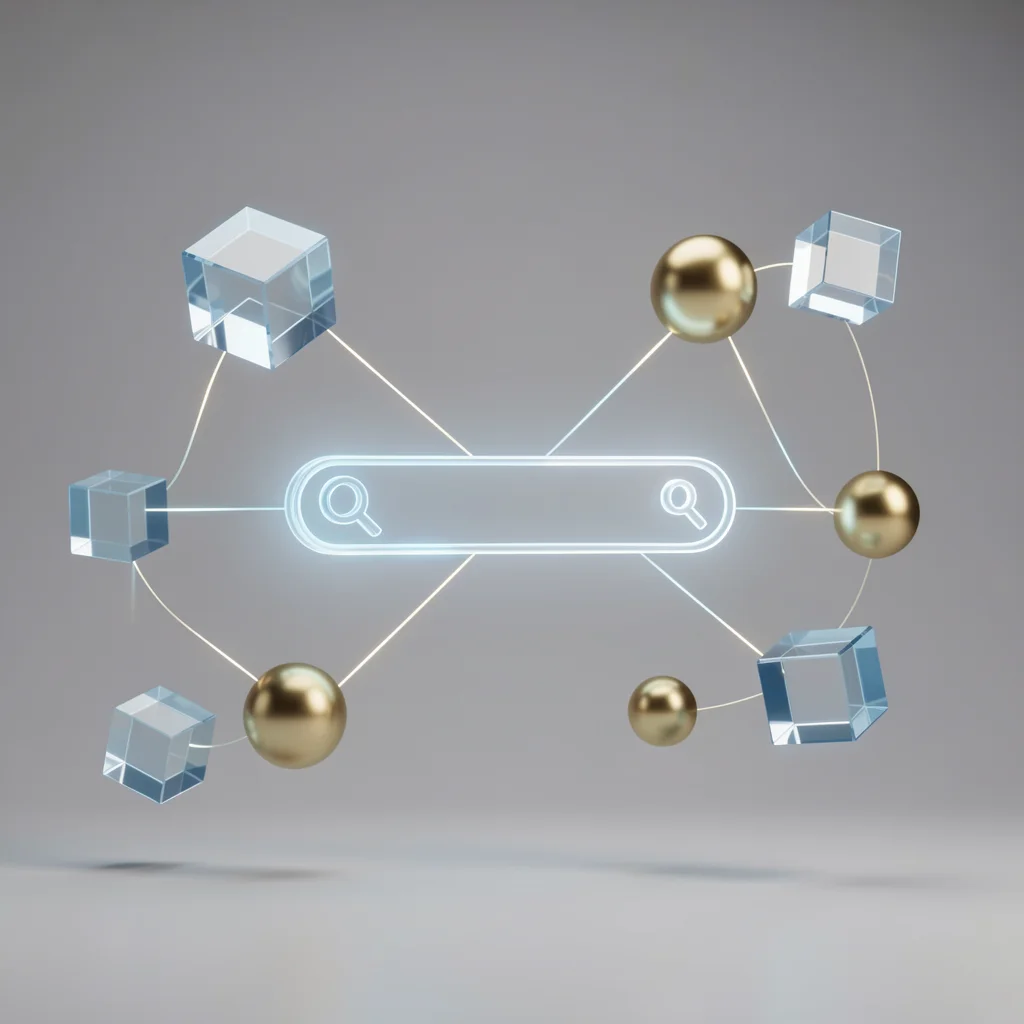 Ilustração abstrata representando SEO e GEO com barra de pesquisa brilhante e formas geométricas conectadas por linhas de luz