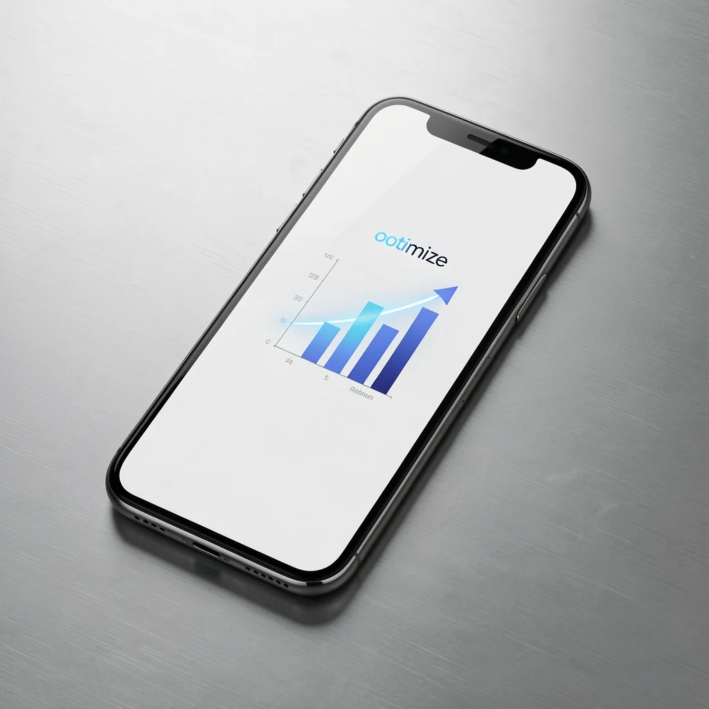 Smartphone moderno sobre superfície de alumínio escovado com dashboard abstrato de anúncios e gráficos de barras