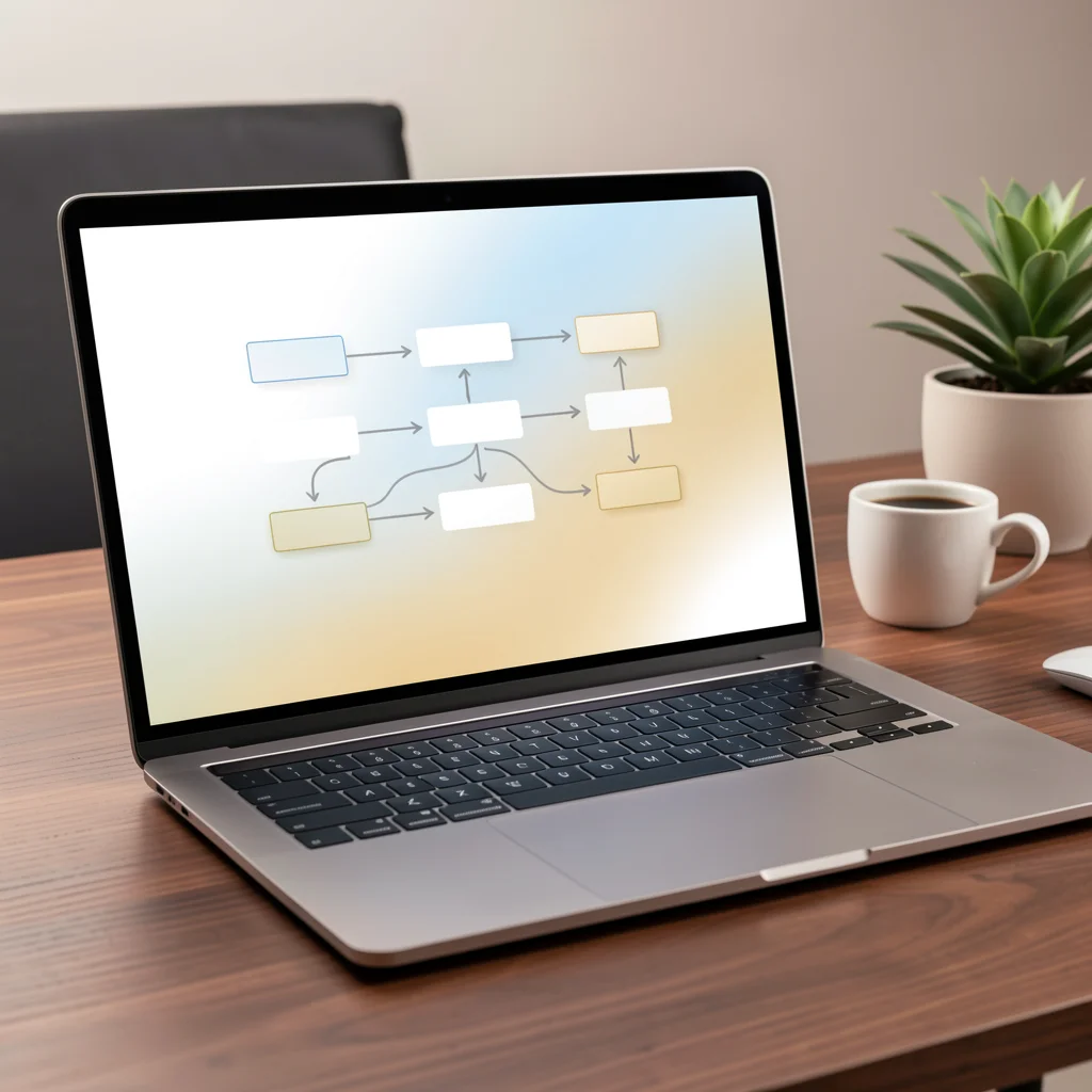 Laptop aberto em uma mesa de madeira exibindo um fluxo de automação de e-mail marketing com nós e setas abstratos