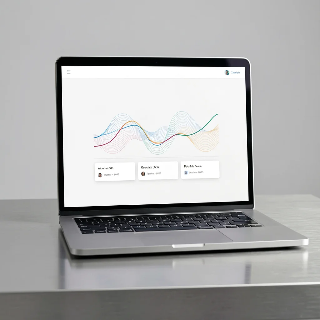 Mockup de laptop com interface de software de automação de marketing mostrando linhas de dados e perfis de usuário