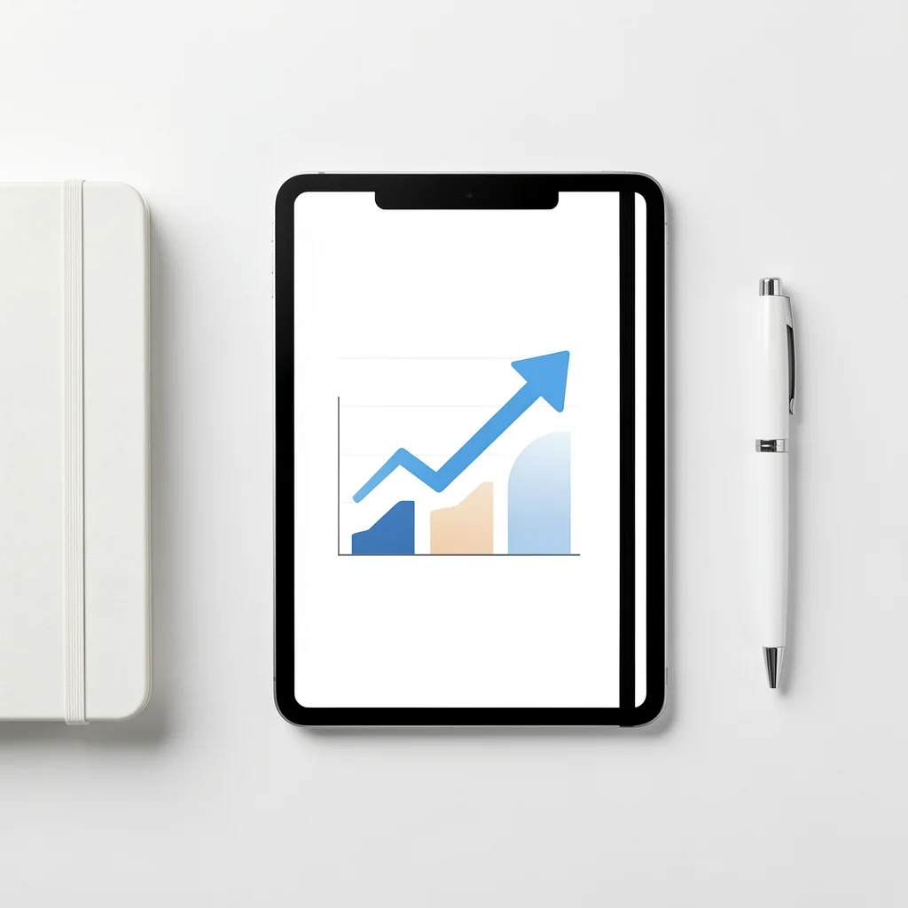 Vista superior de mesa com tablet exibindo dashboard de crescimento, caderno e caneta representando planejamento estratégico