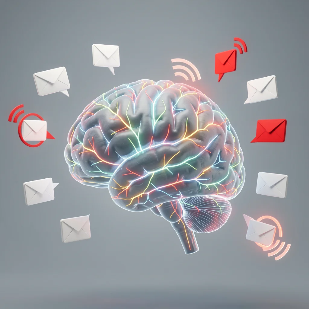 Cérebro humano com conexões neurais brilhantes e ícones de e-mail ao redor, representando a atenção do decisor B2B.
