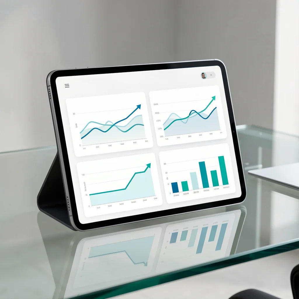 Tablet com dashboard de métricas abstratas, gráficos de linha e barras em tendência de alta.