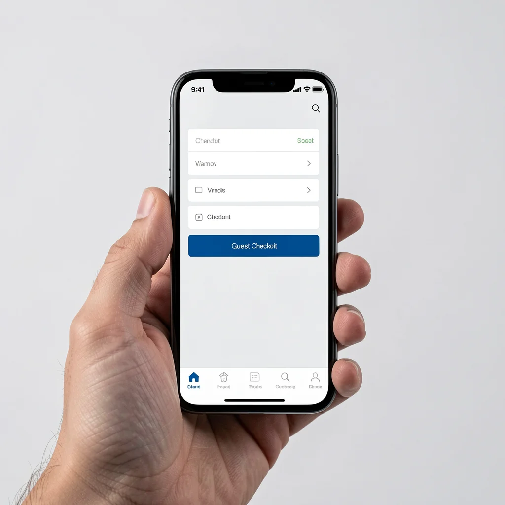 Smartphone exibindo tela de checkout simplificada com opção de checkout como convidado em destaque