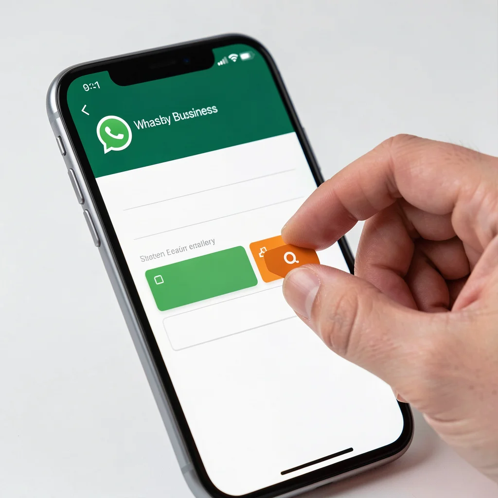 Mão tocando a tela de um smartphone mostrando a interface de criação de etiquetas coloridas no WhatsApp Business