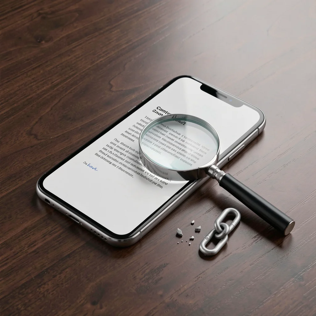Smartphone com mockup de contrato e lupa sobre cláusula de lock-in