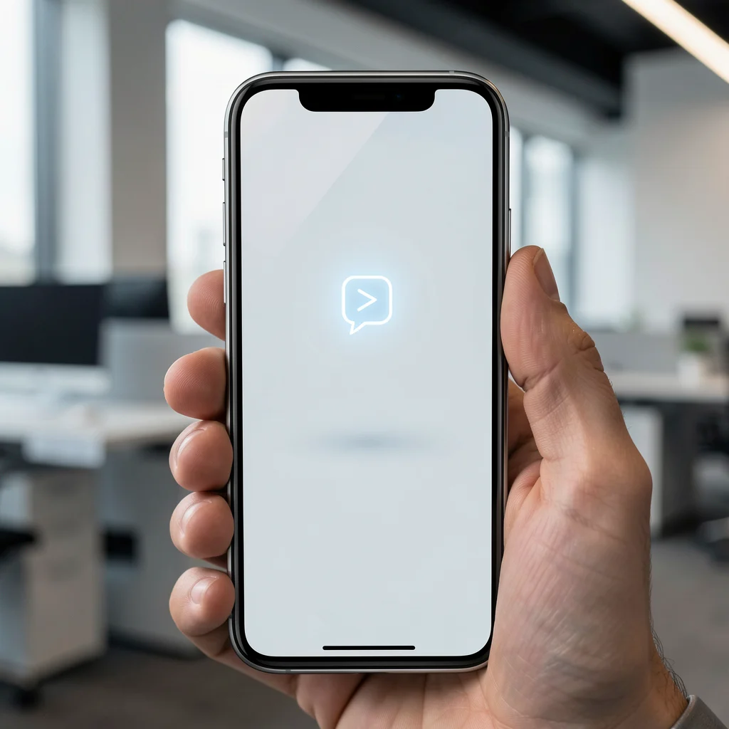 Smartphone premium exibindo uma notificação minimalista em um ambiente de escritório moderno.