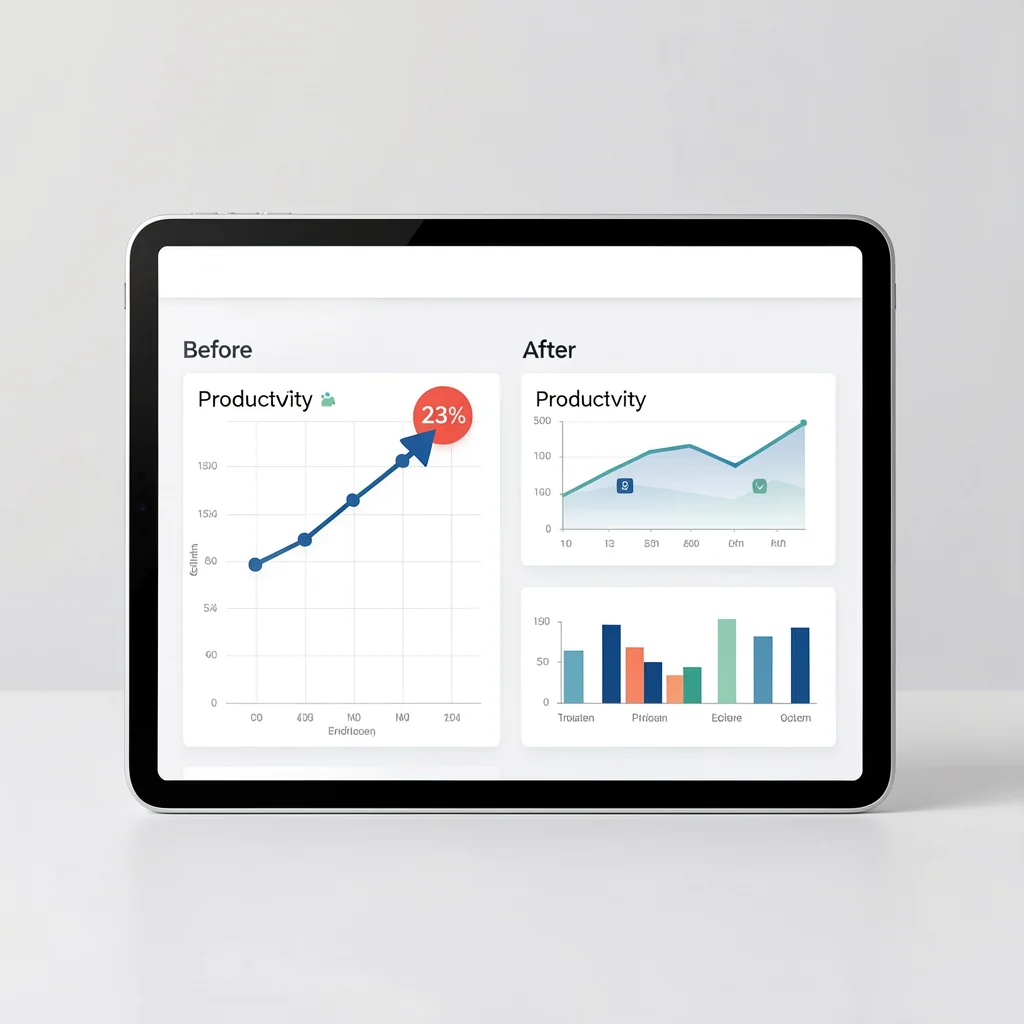Dashboard de centro de distribuição em tablet com gráfico de produtividade mostrando aumento de 23%