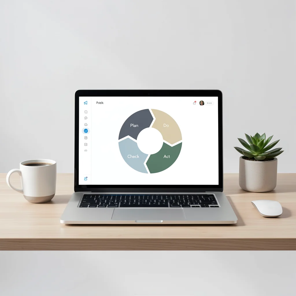 Mesa de trabalho com laptop exibindo ciclo PDCA em interface minimalista