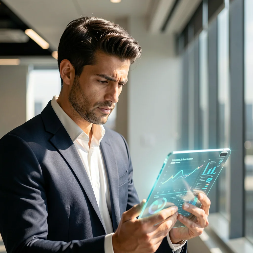 Profissional focado analisando dados financeiros em um escritório moderno e iluminado.