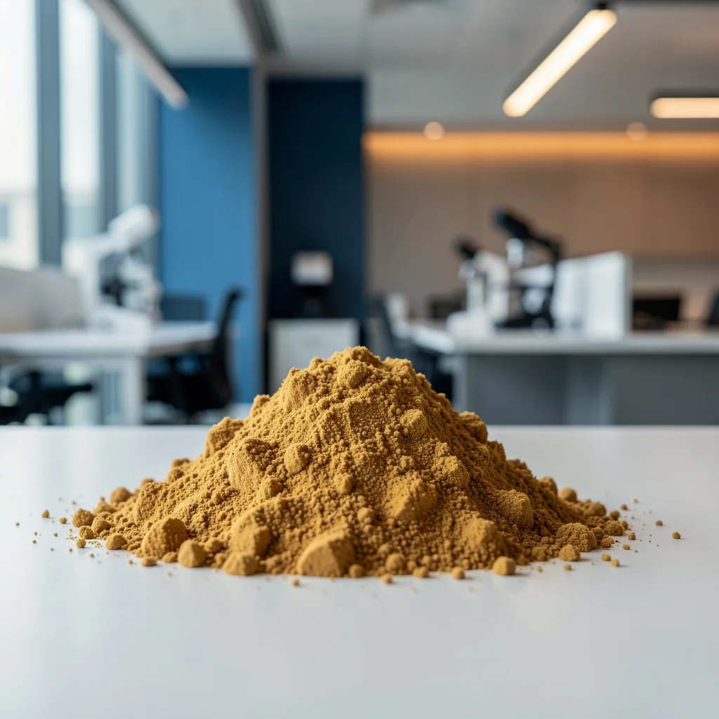Amostra de farinha de peixe de alta qualidade em um ambiente de laboratório moderno e corporativo.