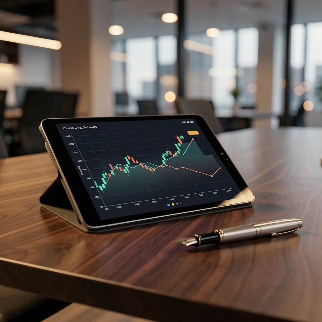Mesa de escritório moderna com tablet exibindo gráficos financeiros e uma caneta elegante, focada em planejamento de negócios.