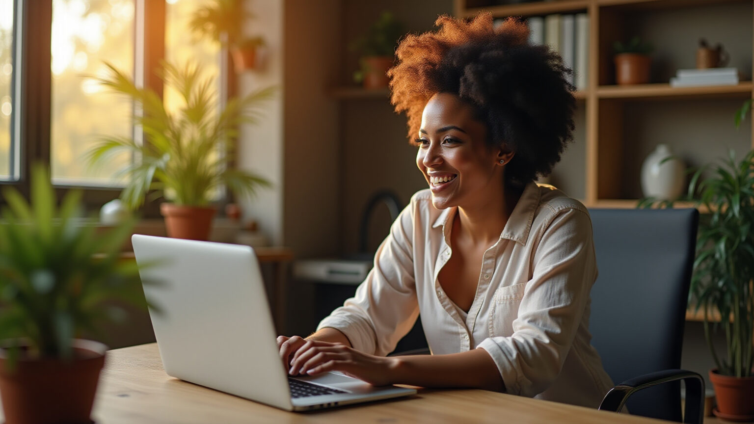 Pessoa brasileira sorrindo usando laptop em escritório moderno com notificações web push na tela.