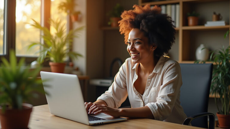 Web Push: O Que É e Como Usar no Marketing Digital com Exemplos Práticos Pessoa brasileira sorrindo usando laptop em escritório moderno com notificações web push na tela.