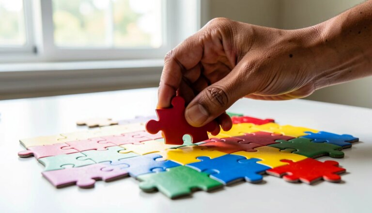 Elementos de Marketing: Os 7 Ps Que Transformam Sua Estratégia em Resultados Mão feminina colocando peça de quebra-cabeça colorida sobre um conjunto de peças, representando os elementos do market...