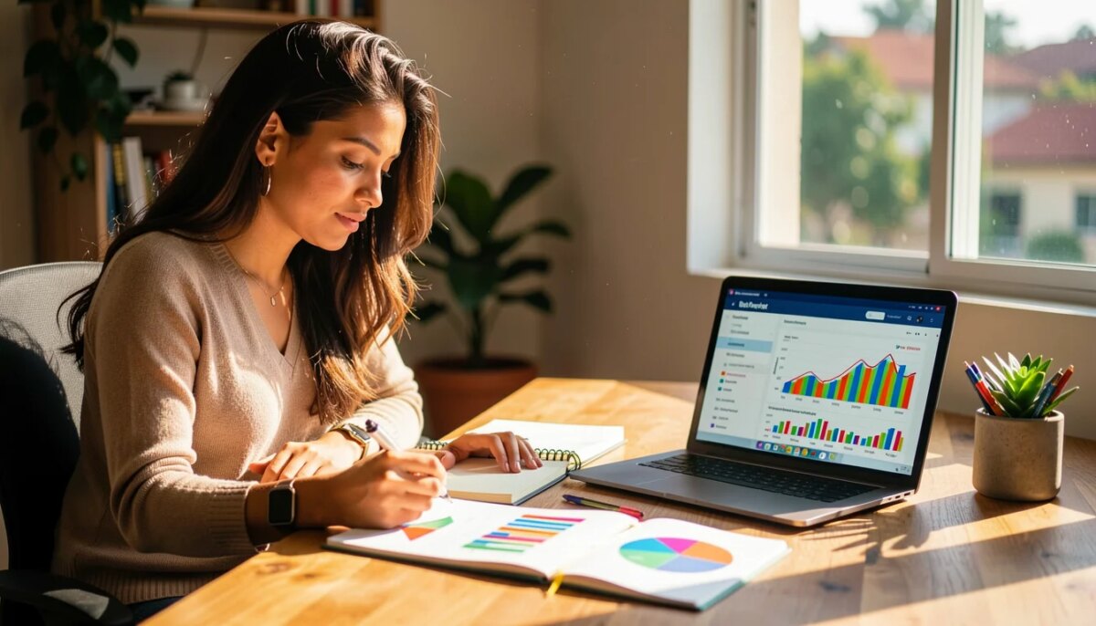 Jovem empreendedora analisando gráficos e dados em um laptop e caderno, com luz natural da manhã.