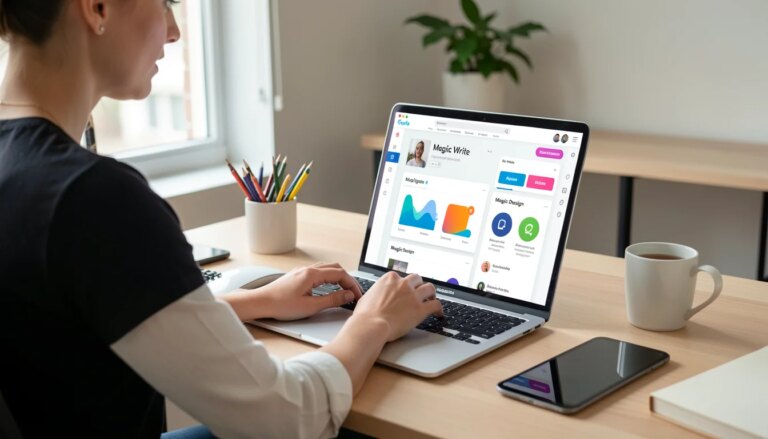 Canva para Empreendedores: Como Usar IA e Escolher o Melhor Plano Designer usando Canva com ferramentas de IA em um laptop, interface moderna e limpa.