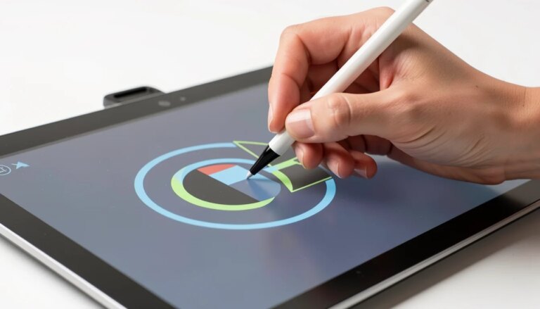 Como Fazer um Logo no Canva Sem Parecer Amador: 5 Ajustes Essenciais Mãos femininas usando caneta stylus em tablet gráfico criando logotipo abstrato.