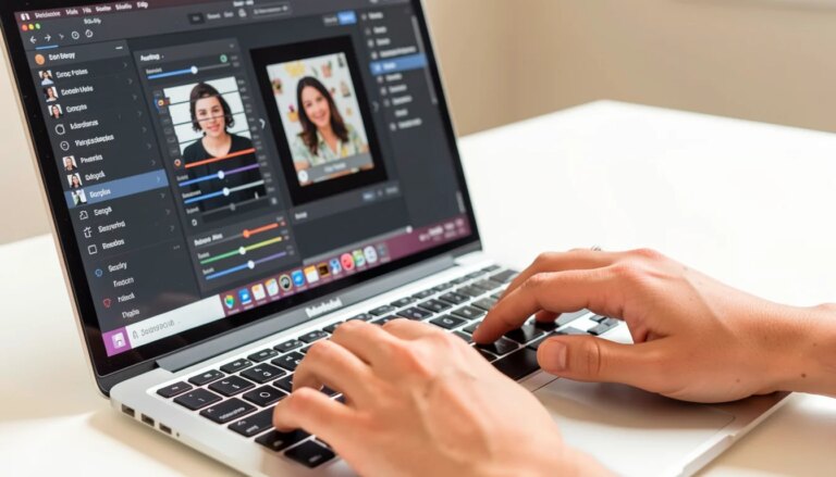 Como Editar Fotos no Canva Sem Perder Qualidade: O Guia Passo a Passo Mãos editando foto no Canva no computador, qualidade nítida.